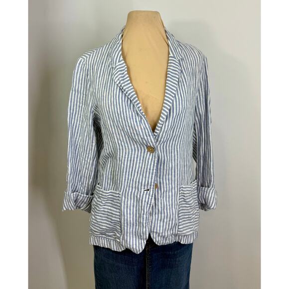 Tahari blue and white stripe deconstructed 100 linen jacket  size M - Picture 4 of 7